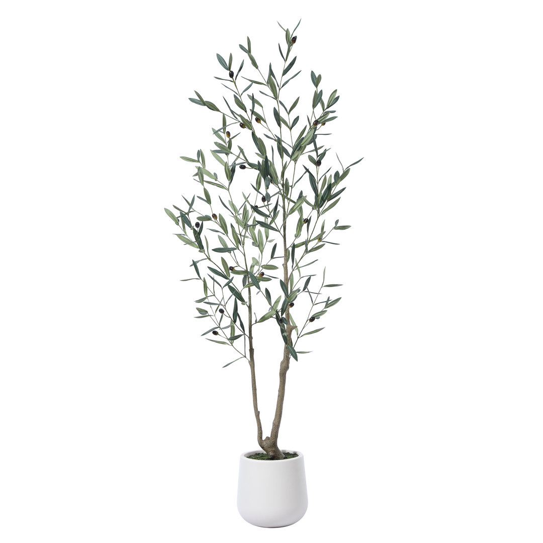 AdcockFaux Olive Tree with Round White Planter, Pre Potted Fake Greenry Olive Plant for Home Decor
